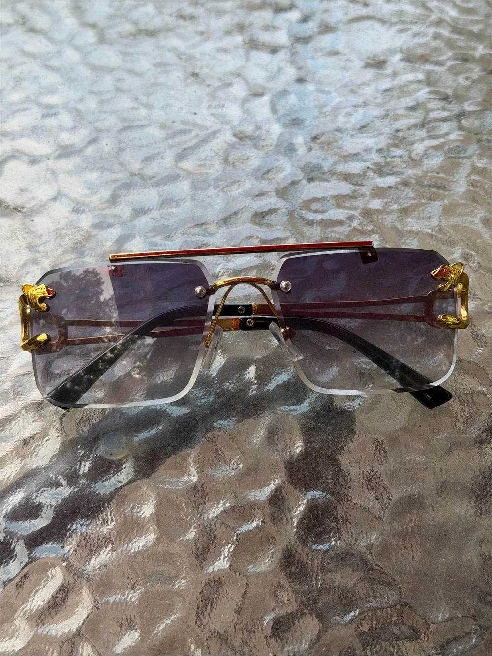 Rimless Gradient Purple Aviator Sunglasses with Gold Accents